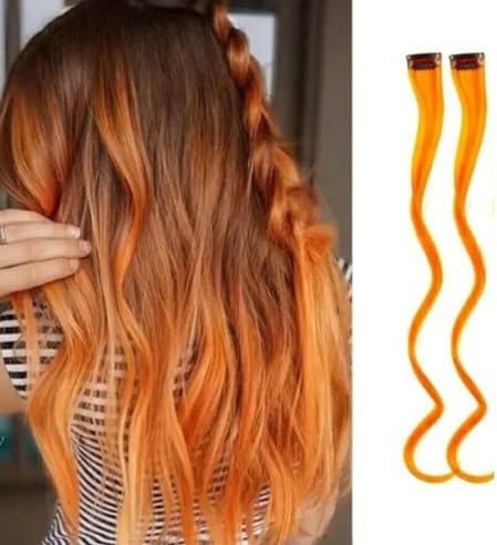 2 x Clip-In Hair Extension Highlights Streaks, Colourful Hair Highlights (Curly Orange x 2)