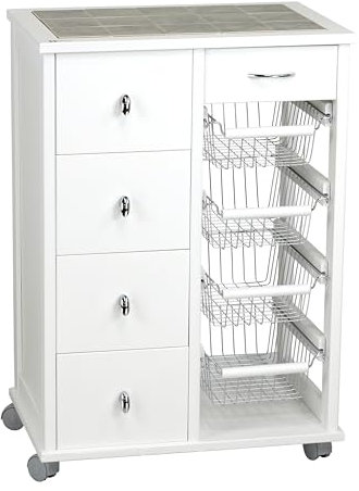 Totò Piccinni Carrellino in Legno da cucina con Rotelle Mattonelle e Cestelli in Acciaio (Bianco, Pokerino + Salvaspazio)