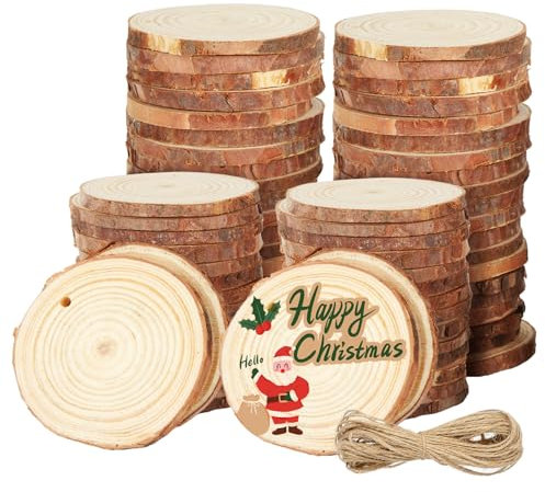 VIDETOL 60 Pièces Rondin de Bois, 7-8 cm Dessous de Verre, Rondelles Bois Naturel Brut, Rondin Bois avec Ficelle en Jute pour Décoration, Décoration de Table, Bricolage Fait Main