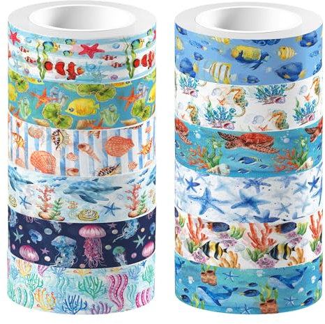 CC HOME Unterwasserwelt Washi Tape Set 12 Rollen,15mm Unterwassertiere Decoration Washi Tapet,Masking Tape Dekorative Papier Aufkleber zum Verpacken von Geschenken