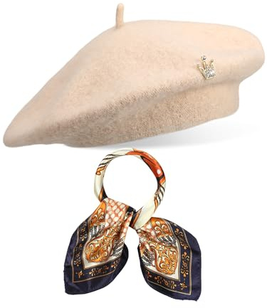 Jamntower 3 Pcs Beret Hats for Women French Wool Beret with Silk Scarf Brooch Paris Fashion Outfit for Girls(Beige)