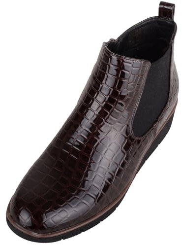 ABSOLUTE FOOTWEAR Stivaletti Chelsea da donna in ecopelle verniciata, con zeppa e doppio tassello, Marrone scuro, 41 EU