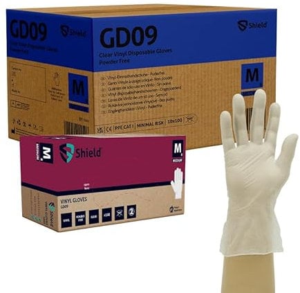VINYL GLOVES GD09 SHEILD - POWDER FREE, NON LATEX AND CLEAR, 1 Case (10 boxes of 100 gloves, 1,000 gloves total), SIZE MEDIUM CASE DEAL