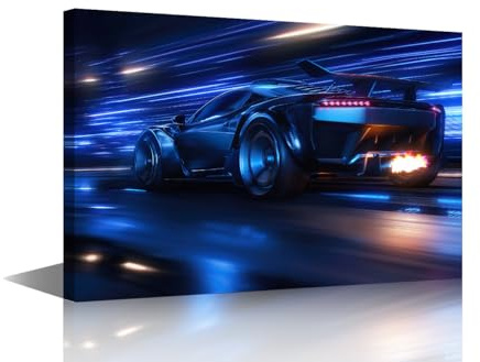 Große Wandkunst, Sportwagen auf Neon-Autobahn, Kunstdruck auf Leinwand, für Wohnzimmer, Schlafzimmer, Wanddekoration, Holzrahmen, Galerieverpackung, fertig zum Aufhängen, 91,4 cm B x 61 cm H
