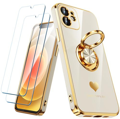 Nonional Compatible for iPhone 11 Case with 2 Pack Screen Protector, 360° Rotatable Ring Holder [Luxury Hearts Pattern] Plating Gold Edge Slim Soft Phone Cover Case for iPhone 11 - White