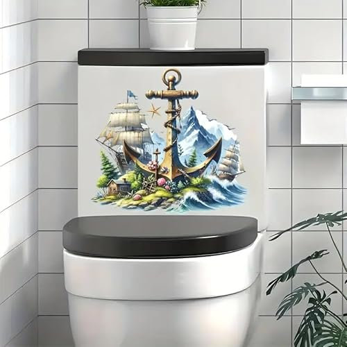 Boat Anchor Design Toilet Cover Sticker Decals,Fish Bird Flower Leaf Waterproof Toilet Lid Tank Seat Decals Cistern Self-Adhesive Bathroom Wall Sticker