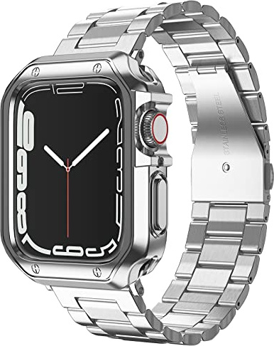 Compatible avec bracelet et étui Apple Watch, chaîne en métal en acier inoxydable avec coque en TPU, bracelet de montre intelligente à maillons pour i-Watch Series 10 11, 42 mm, argenté