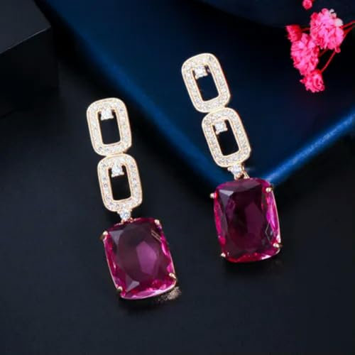 Eleganti Orecchini Pendenti Geometrici Quadrati in Zirconia cubica Fucsia in Argento 925