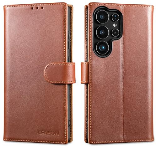 LENSUN Lederhülle für Samsung Galaxy S25 Ultra, Handyhülle [Echtes Leder] [RFID Schutz] Echtleder Hülle Flip Handytasche für Galaxy S25 Ultra 5G - Dunkelbraun