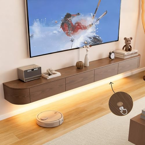 Ribanedy Solid Wood Modern Floating TV Stand with LED Lighting | Wall-Mounted Entertainment Console with Flip-Top Doors | TV Bench for Living Room & Office (Brown, 200cm)