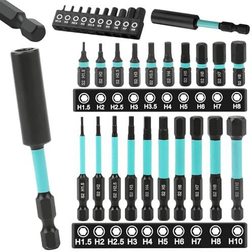 21Pcs Allen Wrench Drill Bit Set, S2 Steel Impact Drill Magnetic Allen Key Bit Set, 1/4 Inch Hex Shank Drill Bit H1.5-H10 Screwdriver Bit Sets with Magnetic Extension Bit Holder, 25 mm + 60 mm Long