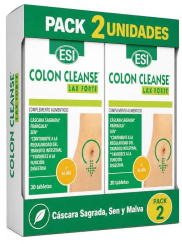 ESI Colon Cleanse Lax Forte - Cáscara Sagrada, Sen y Malva - Pack 2 | Complemento alimenticio con extractos naturales de plantas para el tránsito intestinal. Pack de 2 envases.