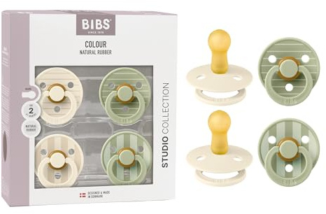BIBS Colour Studio Soother 4-Pack, BPA Free Dummy Pacifier, Round Nipple. Natural Rubber Latex, Made in Denmark, Size 2 (6+ Months), Ivory/Sage