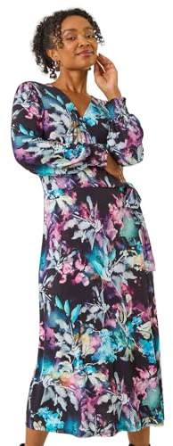 Roman Petite Abstract Dot Stretch Dress for Women UK - Ladies Everyday Autumn Winter V-Neckline Comfy Soft Evening Vacation Work Party Night Out