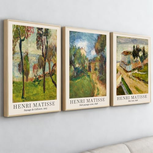 PWAAHDC Matisse Wandbilder Set mit Rahmen, Grüne Landschaft Poster 3er Set, Vintage Wandkunst für Wohnzimmer Schlafzimmer Flur, Abstrakte Gerahmte Bilder 40x60 cm