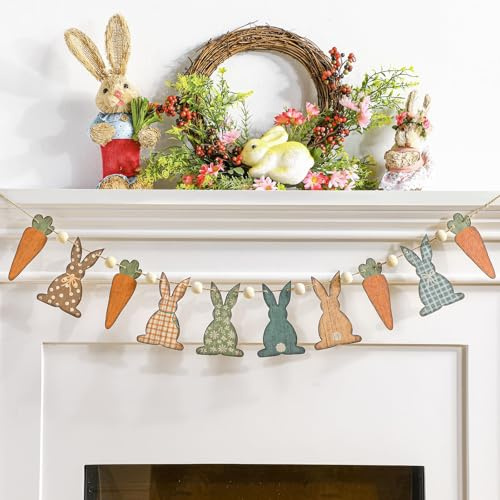 Osterhasen Girlande, Frohe Ostern Banner, Happy Easter Banner, Mit Holzperlen Girlande, Geeignet Für Ostern Deko Aufhängen, Frühling Dekorationen, Wiederverwendbare Osterdeko, Einseitiges Muster