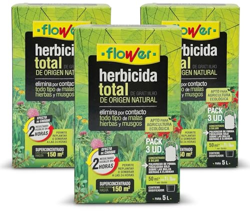 FLOWER x3 Herbicida Total Ecológico de Origen Natural para 450 m² | Elimina Malas Hierbas y Musgo de Acción Rápida | Alternativa Glifosato Súper Concentrado 750 ml para 15L | Resultados en 2H (3 UDS)