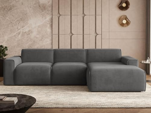 GRAINGOLD Lavia Ecksofa 310x165 cm, L-Form Sofa, Ecksofa für Wohnzimmer, Veloursstoff, 4-Sitzer Eckcouch, Modernes Design (Dunkelgrau, Rechts)