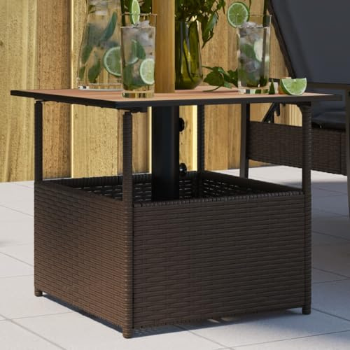 Runheo Tavolo da giardino con foro per ombrellone, marrone, 55 x 55 x 46,5 cm, in polyrattan, acciaio verniciato a polvere, legno di acacia, resistente alle intemperie, tavolo da terrazza, per balcone