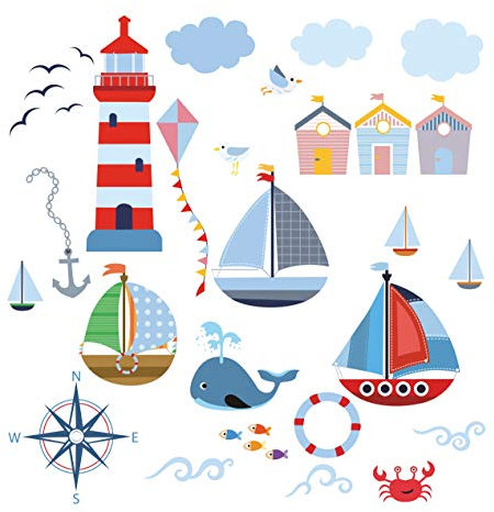 Wandsticker für Kinder Wandtattoo Aufkleber Wandaufkleber Kind Baby Kindergarten Zimmer Meer Ozean Schiffe Segelboote Boote Seelaterne Seeaufkleber Fisch Wanddeko Baby Kinder Sticker MK164B XL
