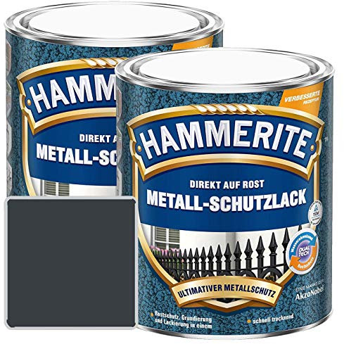 Hammerite Metall-Schutzlack glänzend Grundierung Rostschutz anthrazitgrau Sparpaket, 2 x 750ml