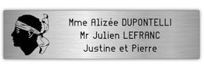 DECOHO - Plaque Boite aux Lettres en Plastique bi-Couche Argent Lettres Noires - 100x25 mm - adhésive Personnalisable 3 Lignes avec emblème Corse - Argent