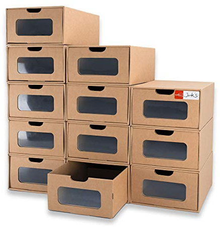 WALL QMER Cardboard Shoe Storage Boxes, 12 Pack, Foldable Stackable Drawer Organizers with Clear Window and Labels for Closets, 13.8 x 9.3 x 5.3 in