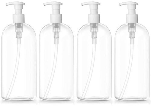 Uplife Lot de 4 Bouteilles Plastique Transparent 500ml flacons en Polyéthylène Pompe à Presser Rechargeables. Distributeurs de Savon, shampoing, Dentifrice, conditionneur de Cheveux, liquides