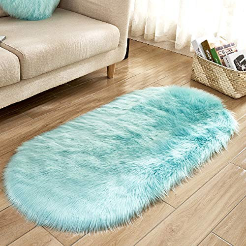 Ovaler Flauschiger Plüsch Bereich Teppich für Schlafzimmer,Faux Lammfell Schaffell Teppiche Wohnzimmer Hochflor Kunstfell Nachahmung Wolle Bettvorleger Sofa Matte Carpet Bodenmatte Blau-2 50x80CM