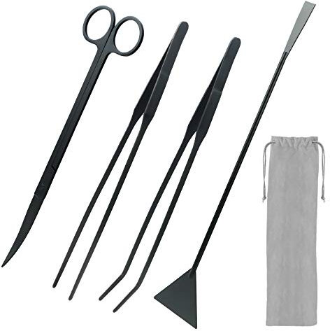 KEESIN Kit 4 en 1 en acier inoxydable pour aquarium - Accessoires de nettoyage pour aquarium - Pince à épiler, ciseaux, pinces, grattoir à algues (noir)