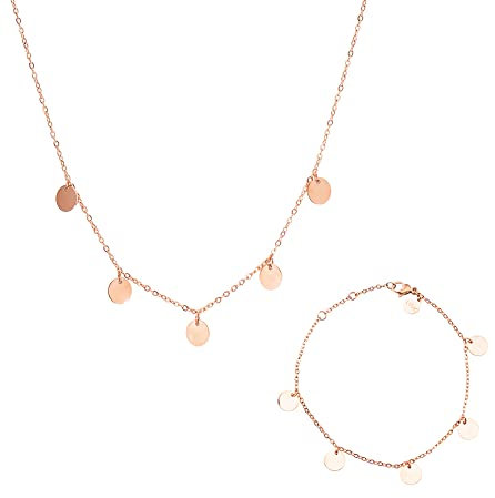 LUUK LIFESTYLE Mode Set bestehend aus einer Halskette und einem Armband aus Edelstahl in elegantem Design, Coins Anhänger, mit Geschenkbox, Schmuckgeschenk für die Freundin, Modeaccessoires, Rosé