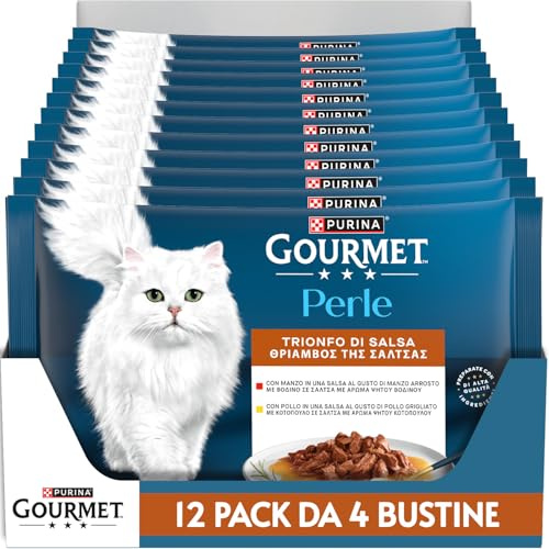 GOURMET Perle Trionfo di Salsa Gatto con Manzo, Pollo | Linea Perle | Confezione 48x85g