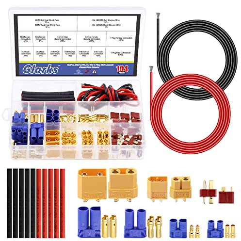 Glarks 59 Stück XT60/XT90/EC3/EC5 / T-Stecker Deans 3,5 mm Bananenstecker männlich weiblich Stecker Adapter mit Schrumpfschlauch und 14 Gauge Silikondraht für RC ESC Lipo Akku Motor