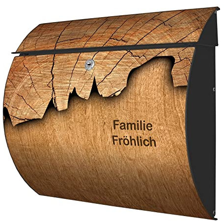 banjado® Burgwächter® Briefkasten anthrazit aus Stahl mit Motiv Holz/Briefkasten mit Namen personalisierbar/Briefkasten ohne Zeitungsfach mit Kippdach & Öffnungsstopp, 2 Schlüssel