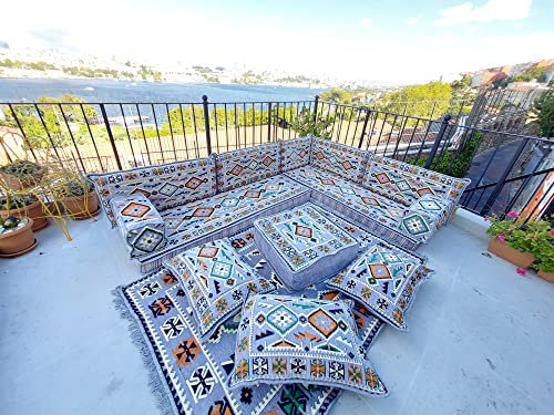 Brown Floor Sofa Seating Set, Arabic Floor Sofa Set, Garden Sofas, Oriental Floor Seating, Floor Cushions, Floor Cocuhes, Arabic Majlis (L Sofas + Rug)