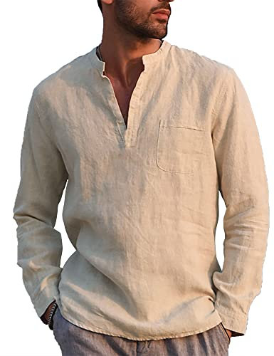 NANAMEEI Men's Linen Henley Shirt Casual Beach Top Lightweight Men Shirt Khaki 2XL