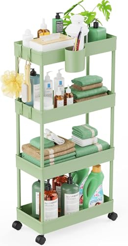 LEHOM Schmaler Rollwagen – 4 Etagen, Badezimmer-Organizer, Mehrzweckwagen, ausziehbare Aufbewahrungsregale, mobiles Regal für Küche, Schlafzimmer, Büro, Waschküche, kleine schmale Räume (18 cm B +