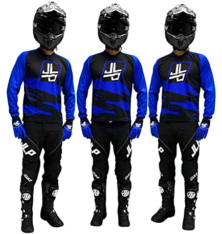 JLP RACING Tenue Enfant Pantalon Maillot Gants Moto Cross Quad Enduro VTT BMX MTB Taille Enfant 8 9 Ans Snatch Bleu L