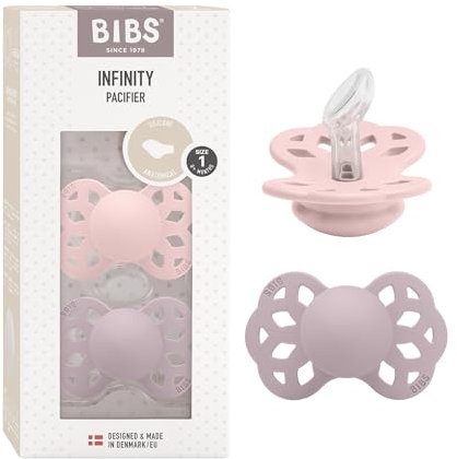 BIBS Infinity Anatomischer Schnuller Zweierpackung, bisphenol-A frei, anatomischer Silikonsauger, Kiefergerechte Form. Silikon, 0-6 Monate (2er Pack), Blossom/Dusky Lilac