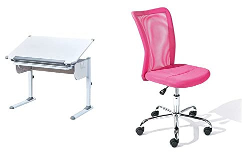 Inter Link Höhenverstellbarer Schreibtisch mit kippbarer Ablage, in Weißmetall, 110x68x55-78 cm & Bürostuhl mit höhenverstellbaren Rädern aus fuchsiafarbenem Kunstleder und Polyester, 43/88 / 56 cm