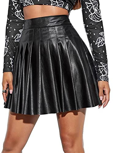 IWEMEK Sexy Damen PU Lackleder Plissierte Skater Minirock Hohe Taille Metallischer Glitzer Wetlook A-Linie Tennis RARA Röcke Freizeit Party Tanz Gothic Cheerleader Kostüm #A: Schwarz L