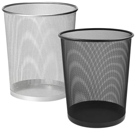 ZYBUX Metal Mesh Waste Basket Bin - 2 x (27 x 23.5cm) Durable and Lightweight Trash Can for Bathroom, Kitchen, Home Office, Dorm - Ventilated Circular Garbage Bin - Black and Silver