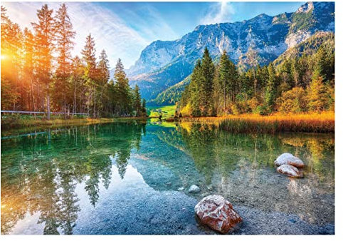 WallArena - Vlies Fototapete Berge Panorama See Landschaft Natur Wald 312x219 cm - Fototapeten - Tapeten - für Wohnzimmer Schlafzimmer - Vliestapete Wandtapete Tapete 3D Effekt- inkl. Kleister