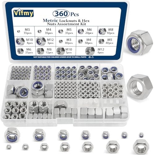 Vifmy Metric Hex Nuts&Locknuts Assortment Kit(360Pcs),M3 M4 M5 M6 M8 M10 M12 Stainless Steel Assorted Hex Nuts Sets,Bright Finish
