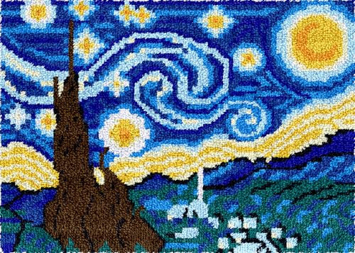 AMBATTERY Sternennacht Knüpfhaken Set Van Gogh Ölgemälde Latch Hook Teppich Kits Für Erwachsene Bedruckte Leinwand Häkeln Handarbeit Handwerk Teppich Kissen Matte Wandteppich 20x15in