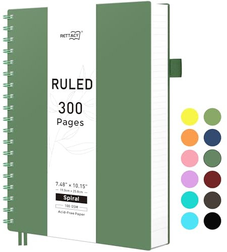 RETTACY B5 Notizblock, Notizbuch, Spiralgebundene Notizbücher, 300 Blatt/150 Seiten Zum Schreiben, 100 G/m² College-liniertes Papier, PVC-Hardcover, 19 x 25 cm -Dunkelgrün