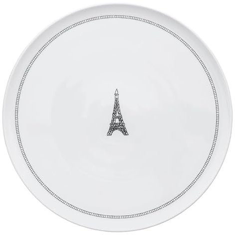 DEGRENNE Plat à tarte Tour - Assiette en porcelaine blanche pour servir des apéritifs, des desserts et des charcuteries - Grand plateau rond - Motif Tour Eiffel - Fabriqué en France - 31,8 cm