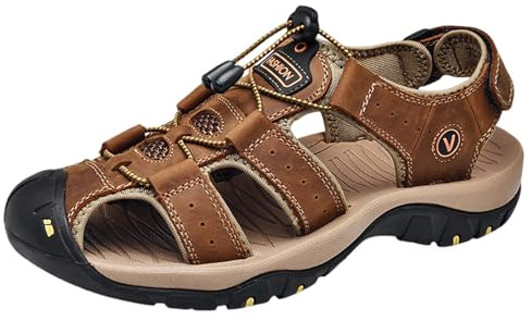 vejtmcc Sandals Men's Leather Beach Hiking Sandals Trekking Sandals Outdoor Shoes Hiking Shoes Men Sports Outdoor Water Fisherman Breathable Closed Sandals Summer Casual Shoes, brown, 9.5 UK