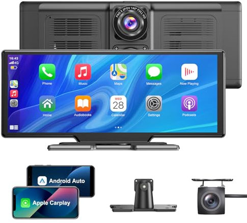 ESSGOO A-pple CarPlay & Android Auto, 10.26 Inch IPS Carplay Screen for Car with 4K Front Dash Cam, 1080P Backup Camera, Wireless CarPlay with Bluetooth 5.0/FM/Siri/G-oogle/Mirror Link/64G TF/AUX