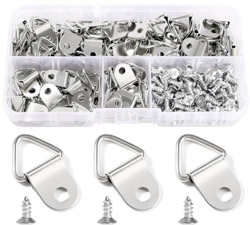 YIXISI 100 Pezzi Ganci Cornici Quadri, Triangolo Anello Gancio, D Anelli Cornice per Foto, Ganci Appendi Quadri, con 100 Pezzi Viti, per Foto Pitture, Decorazione Della Casa, Argento